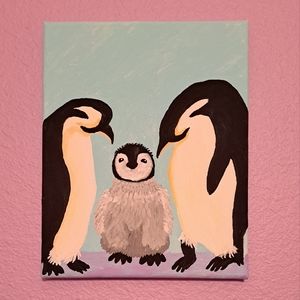 Penguins with Baby - 8x10inch Matte Acrylic Painting on Canvas